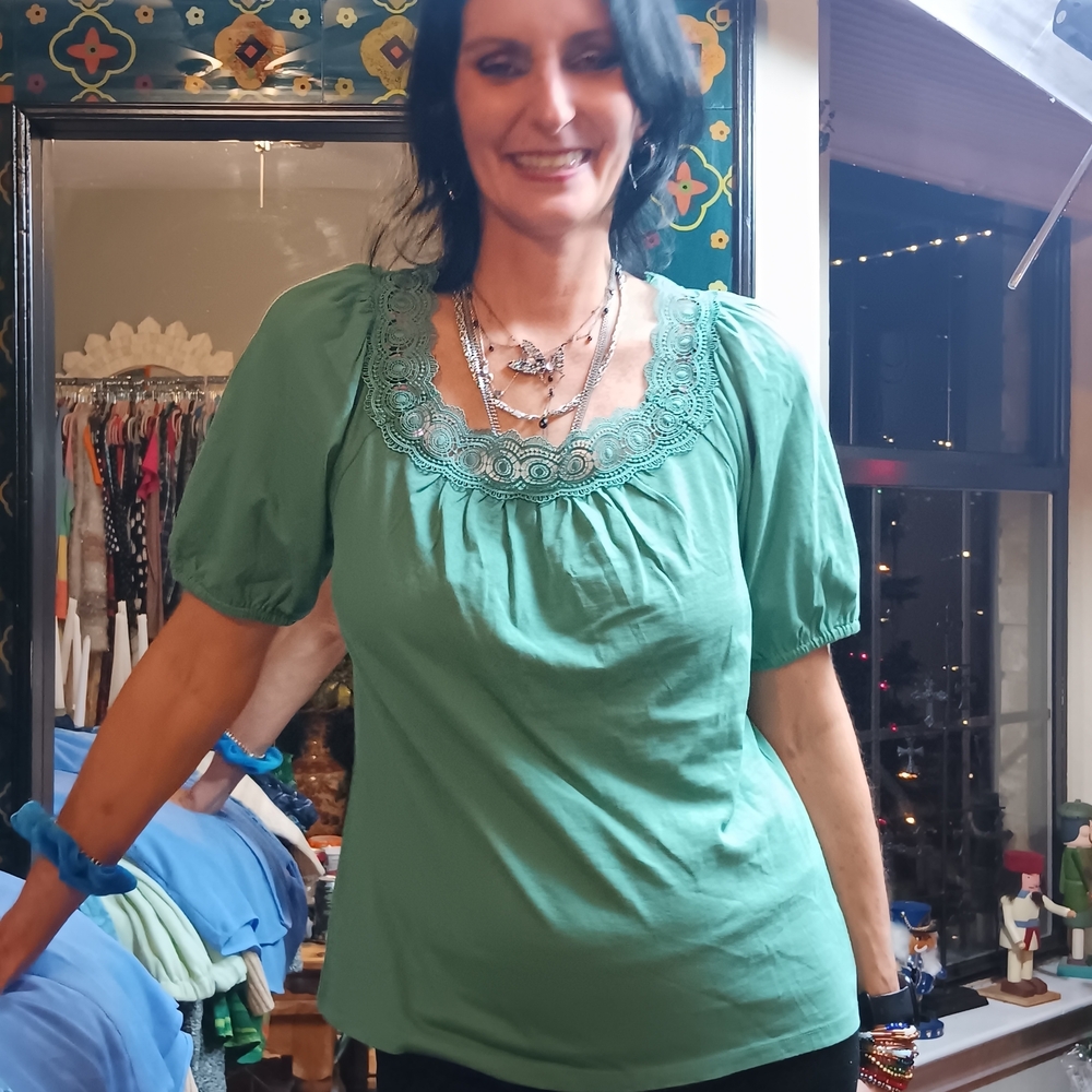Talbots Green Blouse with Lace Detail